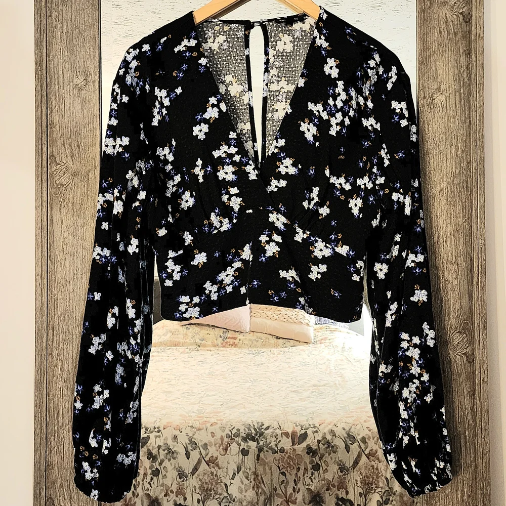 Dynamite Black Blouse with White and Blue Floral Design - Picture 1 of 6